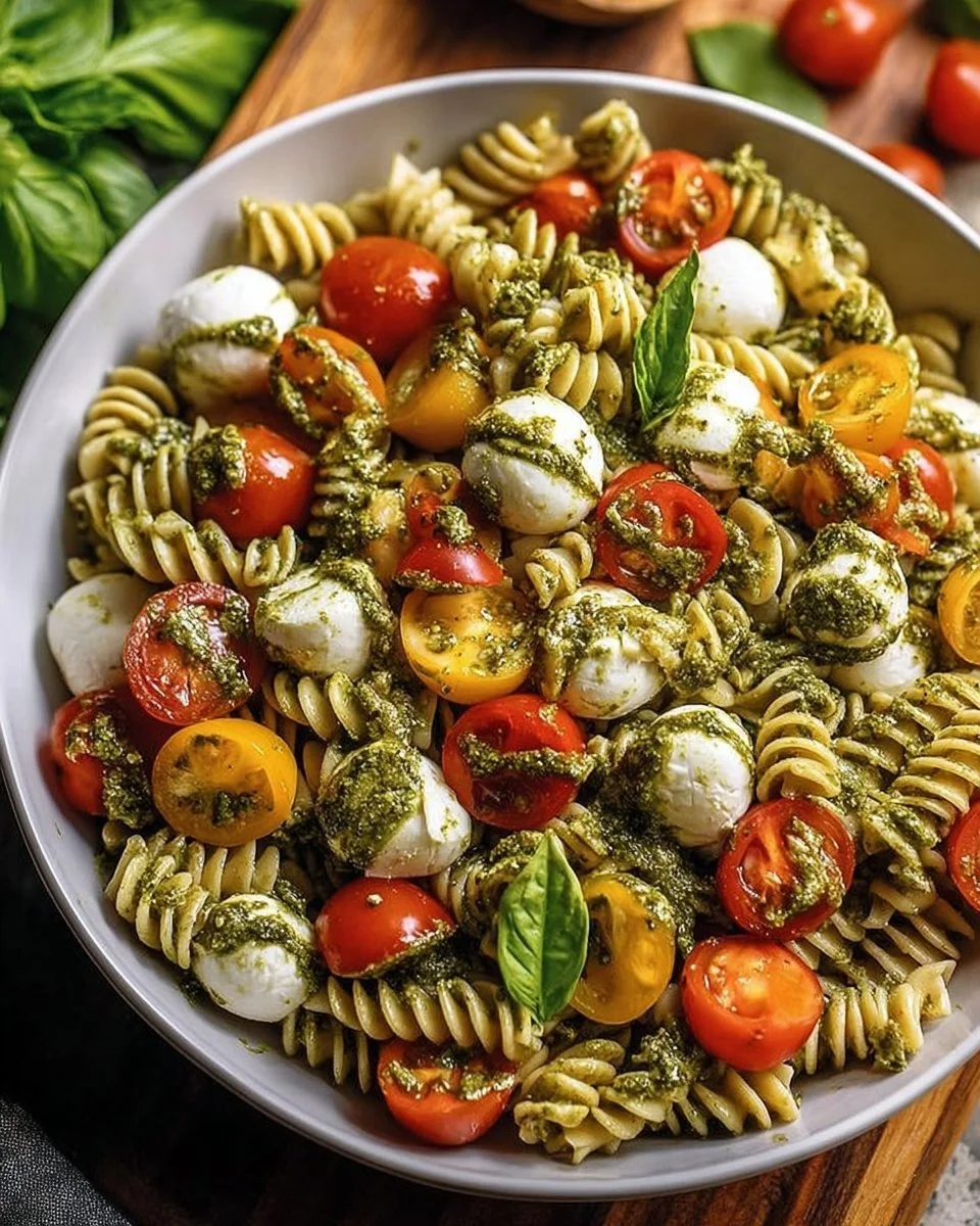 Bowl of Caprese Pesto Pasta Salad with cherry tomatoes and fresh basil