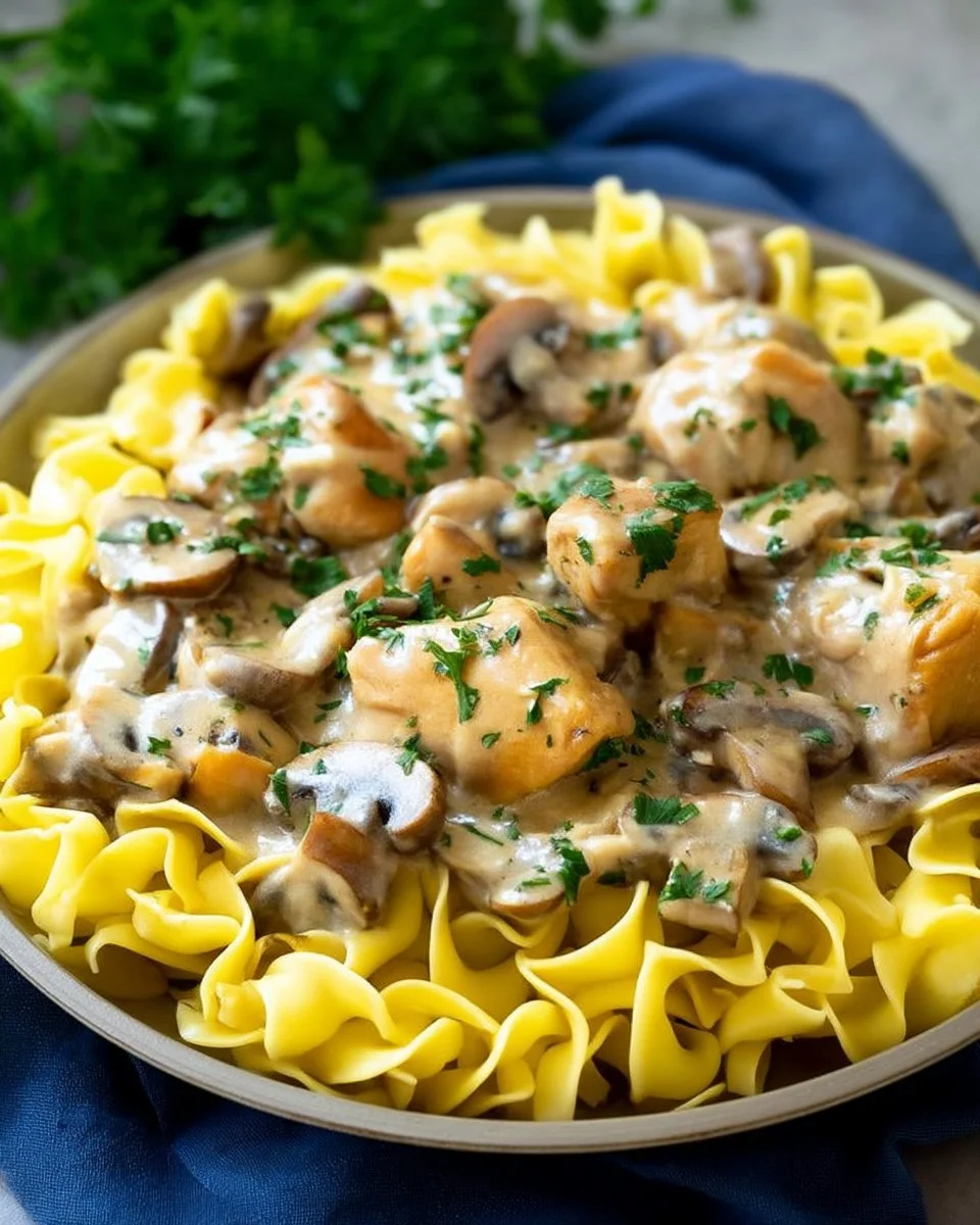 Delicious Chicken Stroganoff served with noodles in a creamy sauce