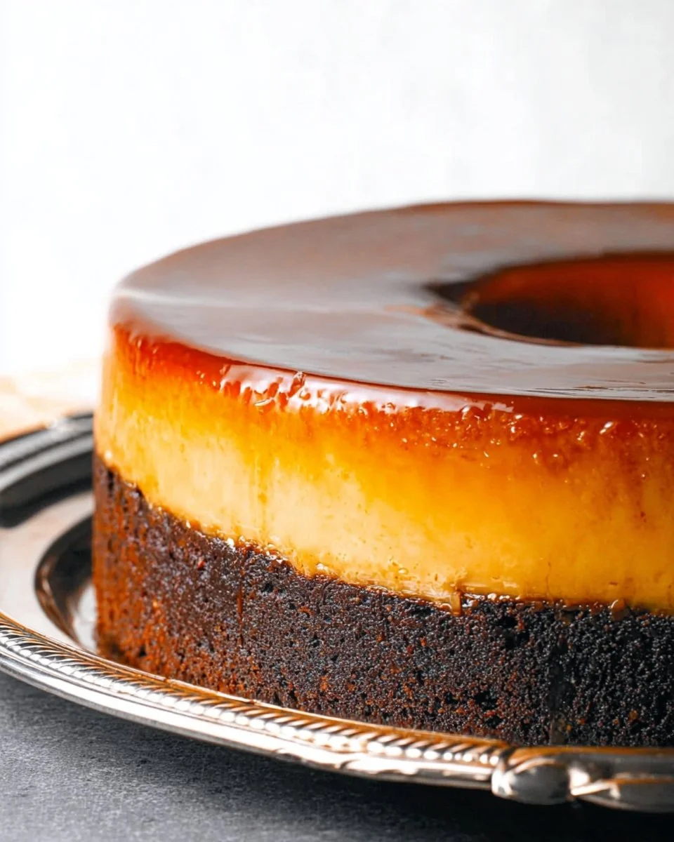Delicious Chocoflan dessert with chocolate and caramel layers on a plate