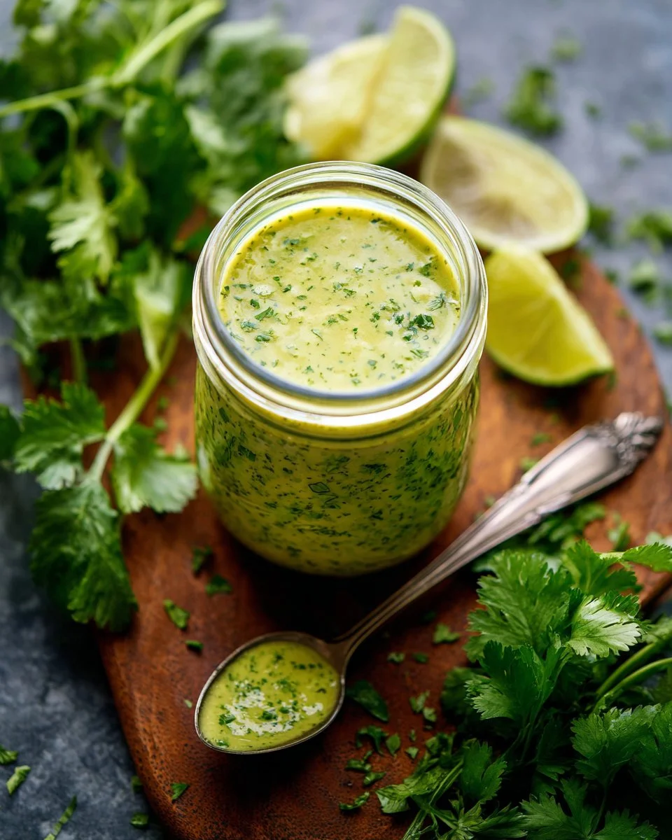 Bowl of cilantro lime dressing with fresh cilantro and lime slices.