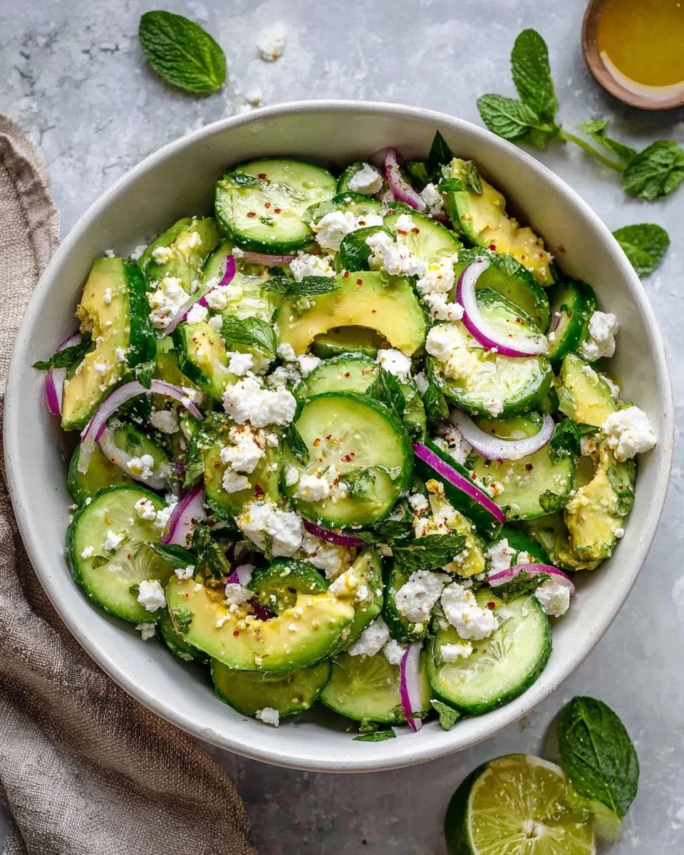 Cucumber Avocado Feta Salad topped with fresh ingredients in a bowl