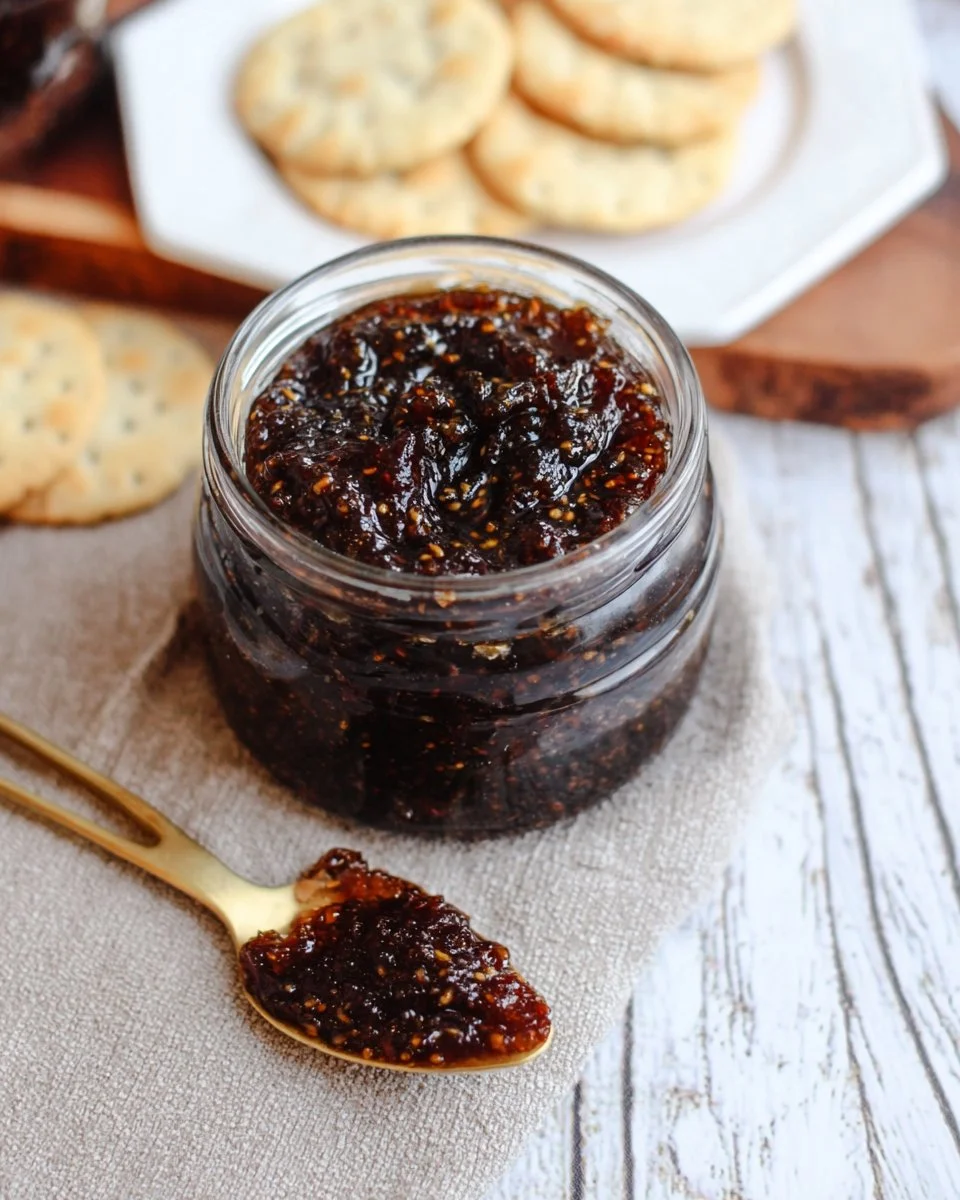A jar of homemade fig jam made from dried figs, ready to serve.