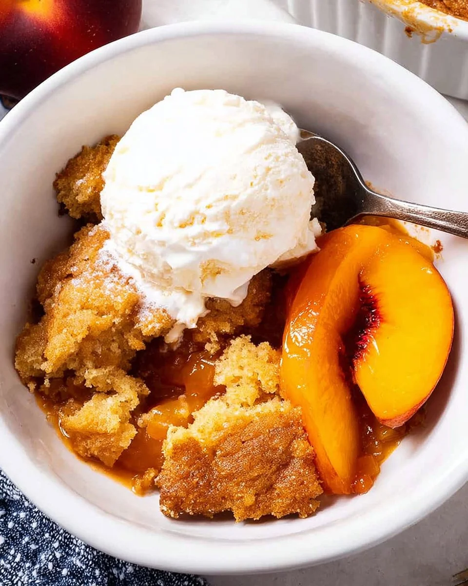 Delicious easy peach cobbler fresh from the oven topped with vanilla ice cream