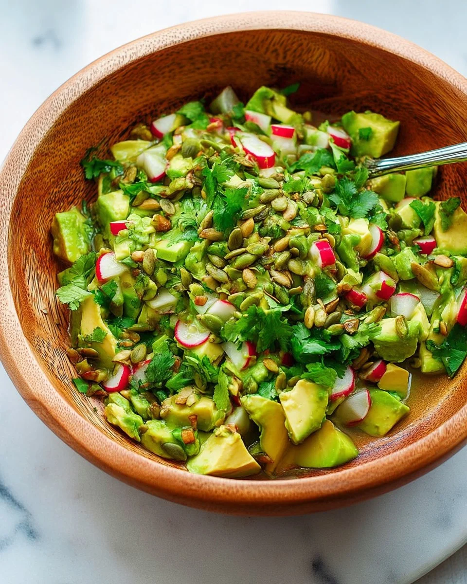 Fresh herbed avocado salad with colorful veggies and herbs.