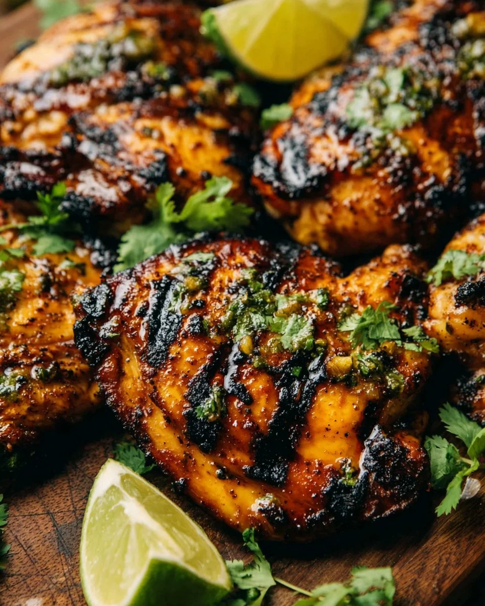 Juicy grilled honey lime chicken garnished with cilantro and lime wedges