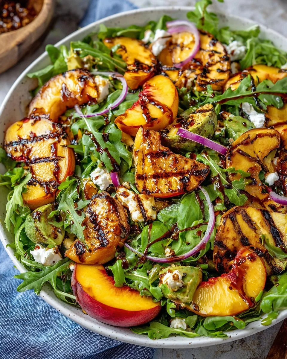 A vibrant grilled peach salad with greens, peaches, and a tangy dressing.