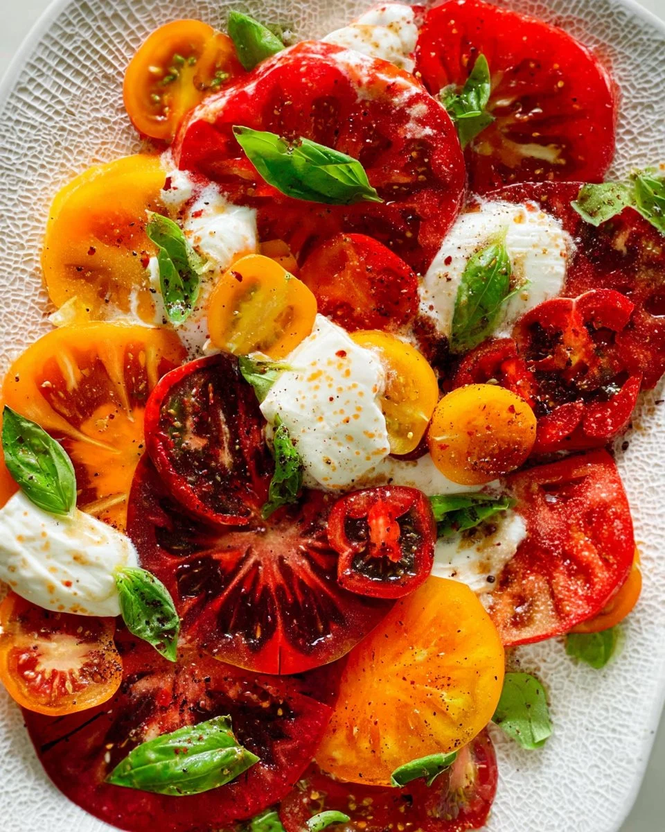 Heirloom Caprese Salad featuring fresh tomatoes, basil, and mozzarella cheese.