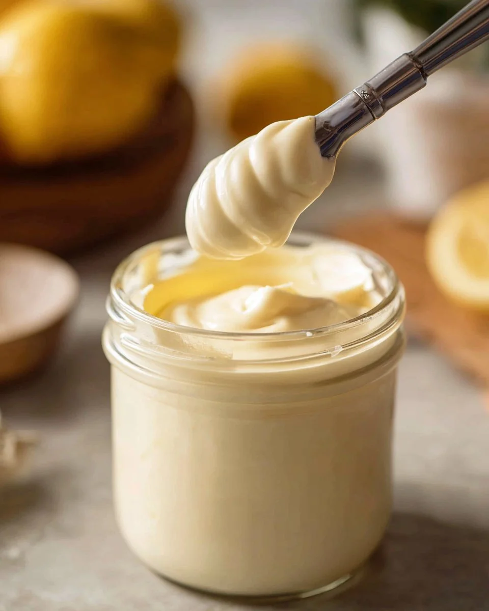 Jar of homemade mayonnaise with a whisk and fresh ingredients on table