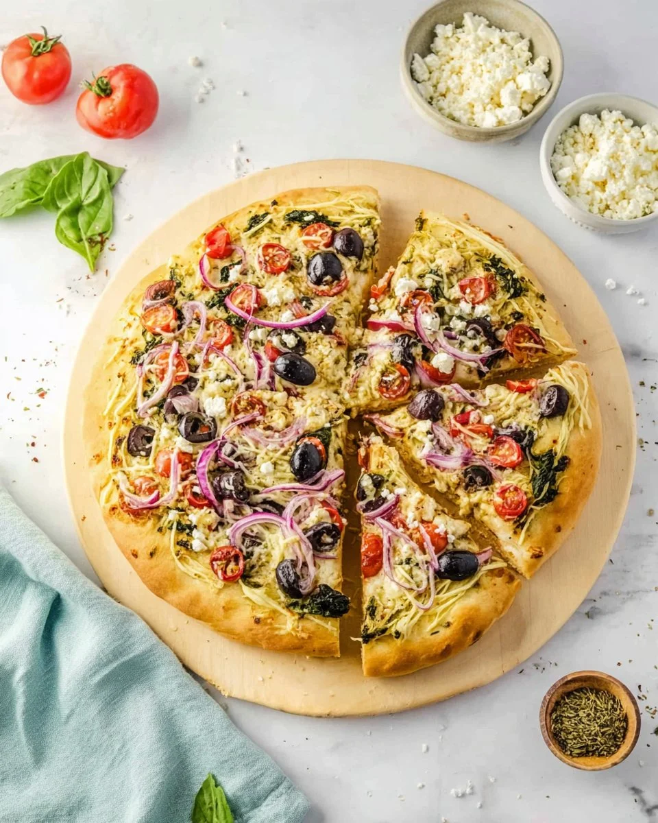 Delicious homemade Mediterranean pizza topped with fresh vegetables and herbs