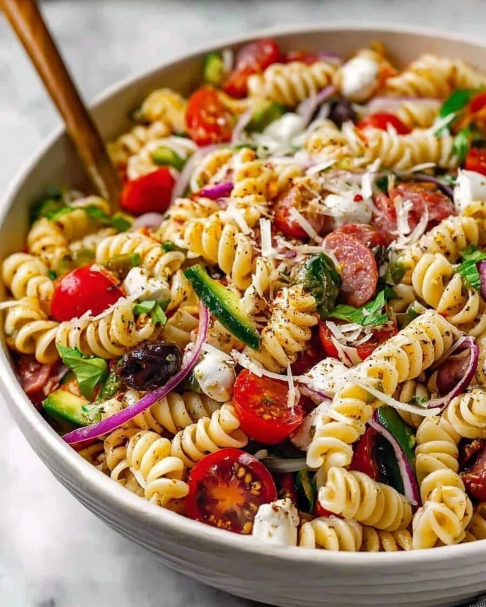 Bowl of colorful Italian Pasta Salad with fresh vegetables and dressing.