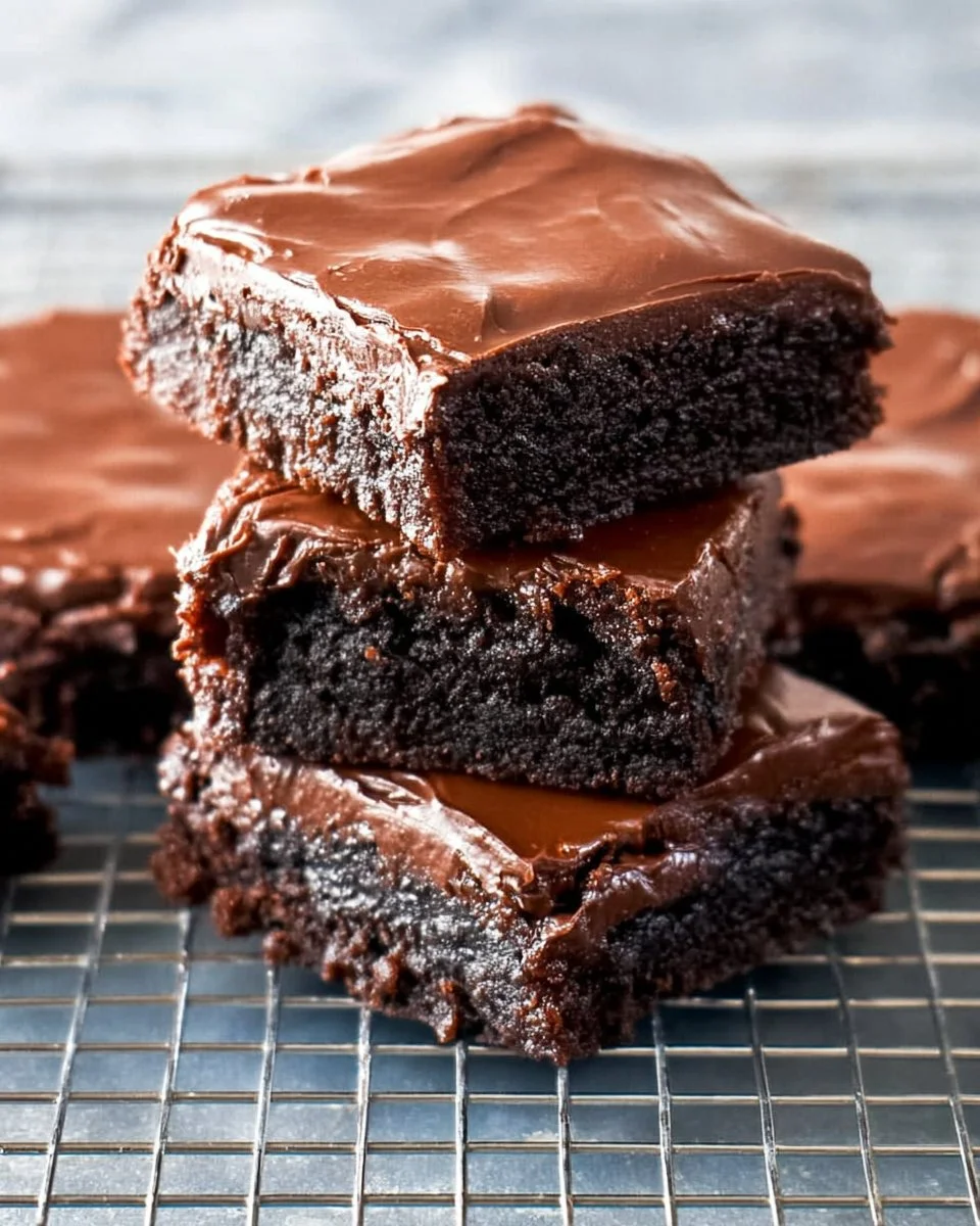 Delicious Lunch Lady frosted brownies with chocolate icing