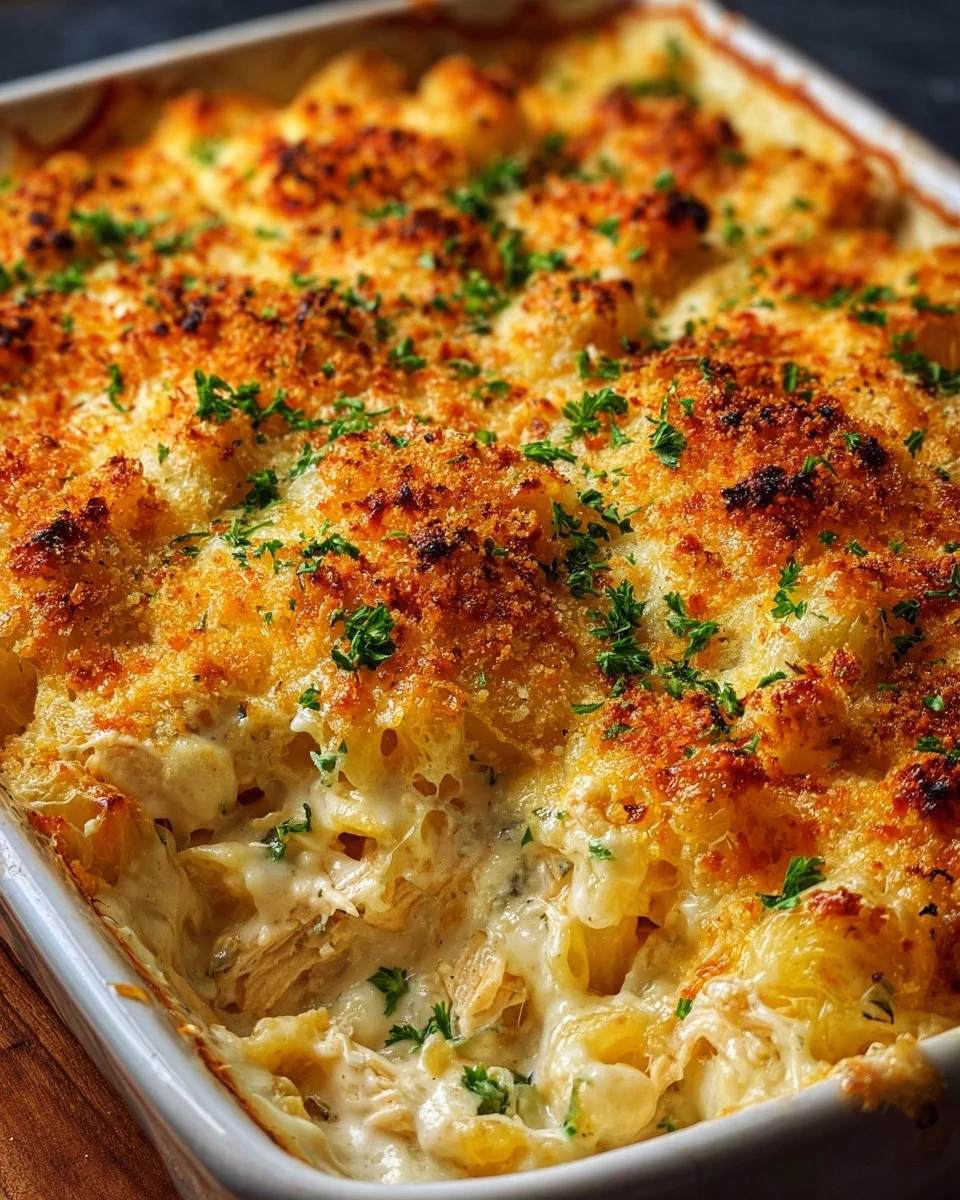 Delicious Million Dollar Chicken Casserole with creamy sauce and cheese