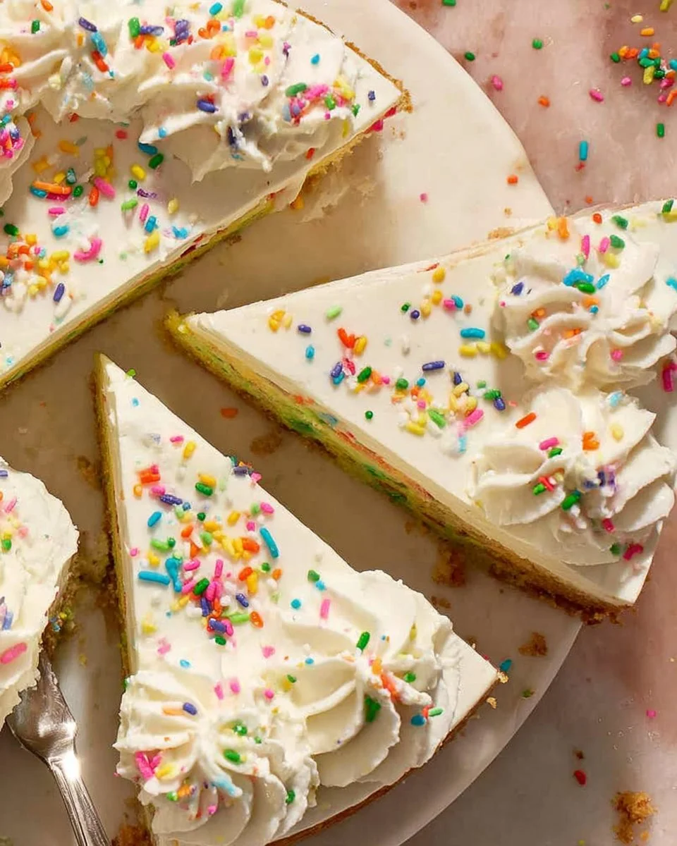 Slice of No-Bake Funfetti Cheesecake with colorful sprinkles on top