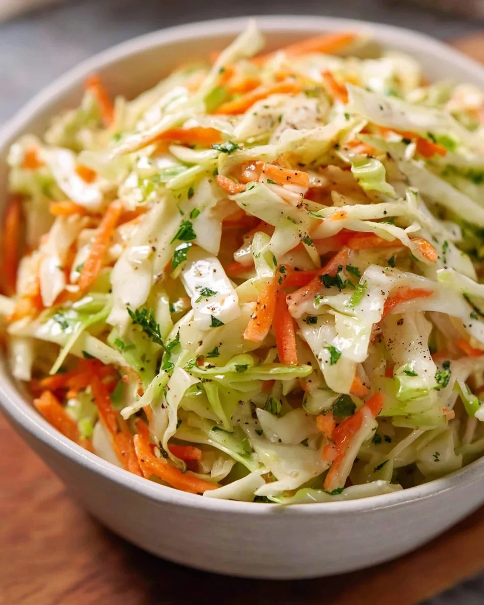 Bowl of old fashioned coleslaw made with vinegar and fresh vegetables