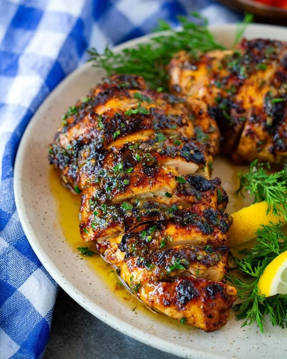 One dish grilled chicken dinner with vibrant vegetables on a plate.