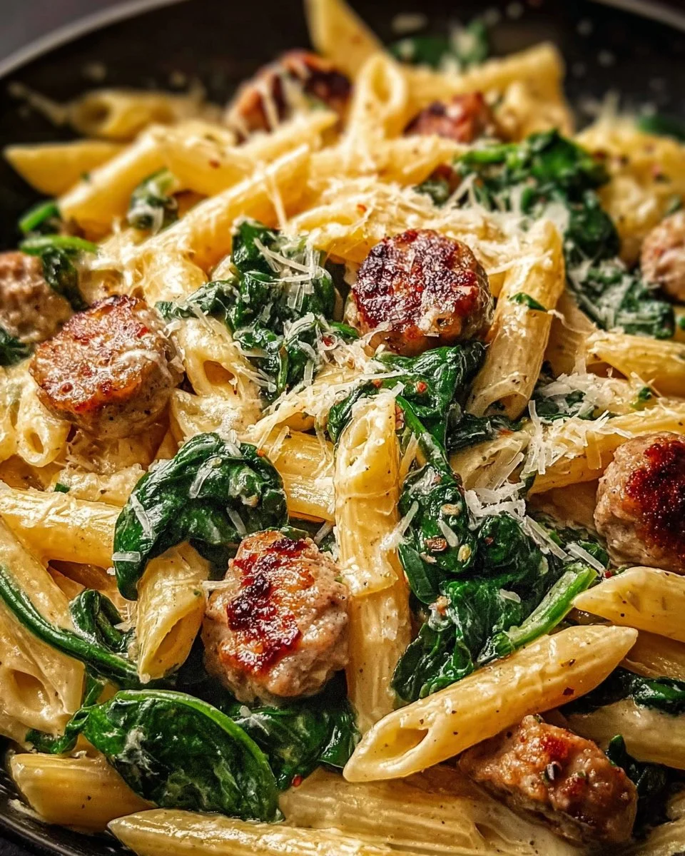 One-Pan Creamy Penne with Spinach and Italian Sausage dish