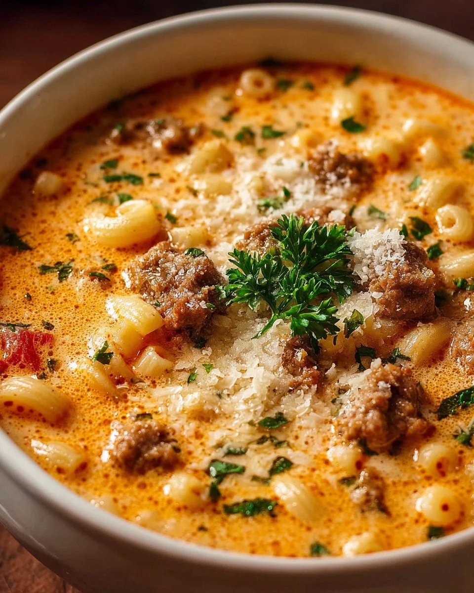 Delicious Parmesan sausage soup with ditalini pasta and Italian sausage