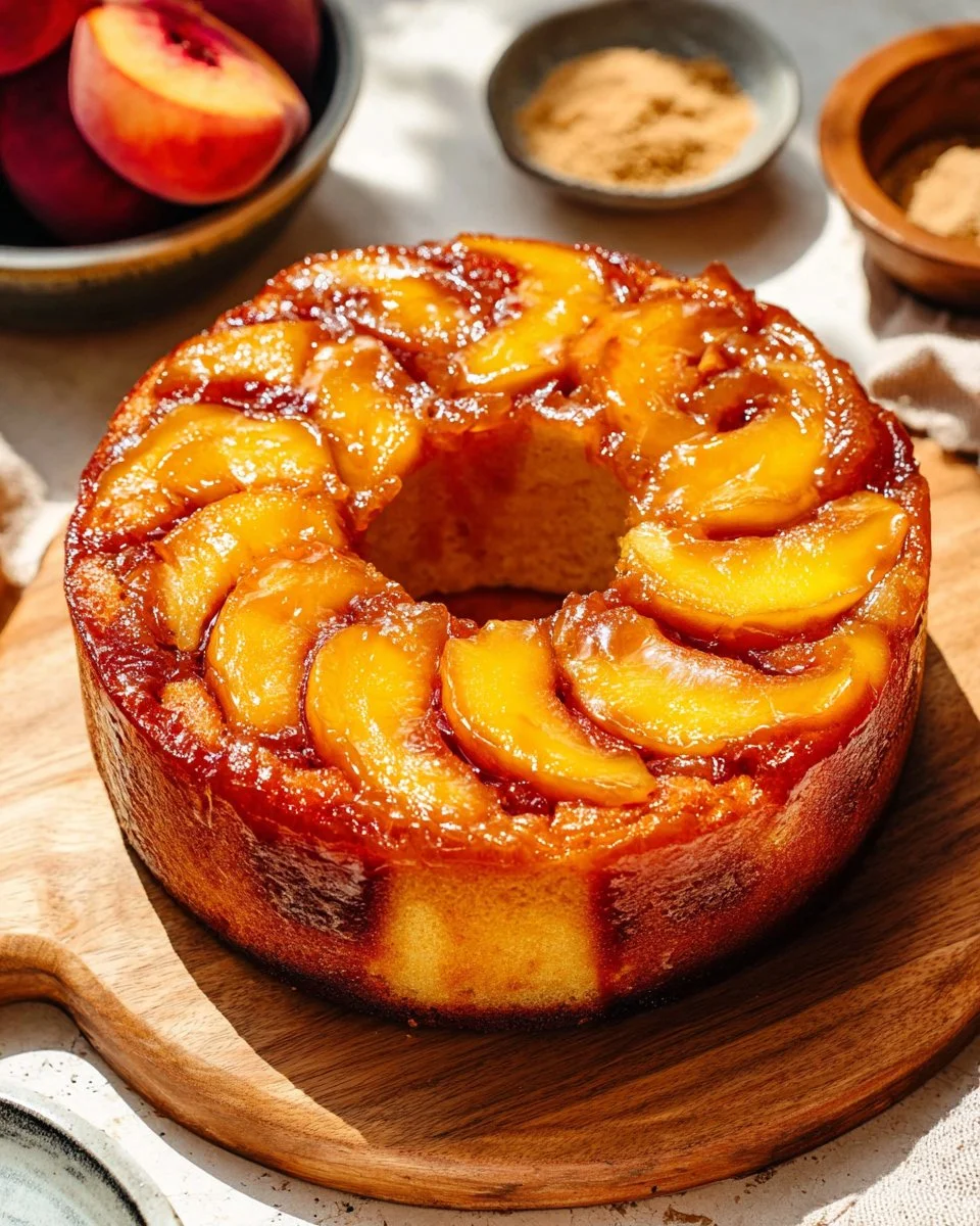 Delicious slice of Peach Cobbler Pound Cake topped with fresh peaches