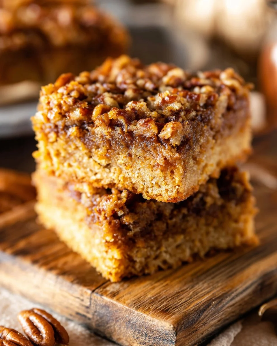 Delicious pecan pie blondies topped with pecans and caramel sauce.