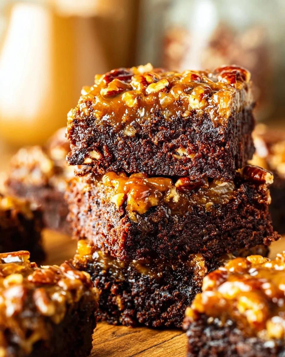 Decadent pecan pie brownies topped with crunchy pecans and chocolate drizzle