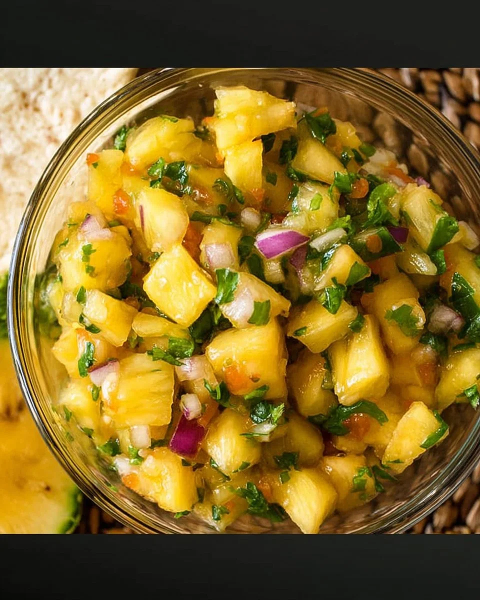 Fresh pineapple jalapeño salsa in a bowl with chips