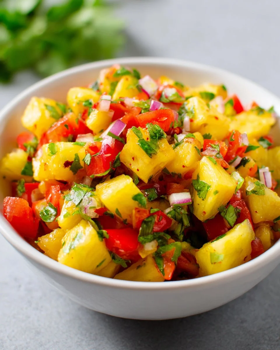 Fresh and colorful Pineapple Tomato Salsa in a bowl with chips.