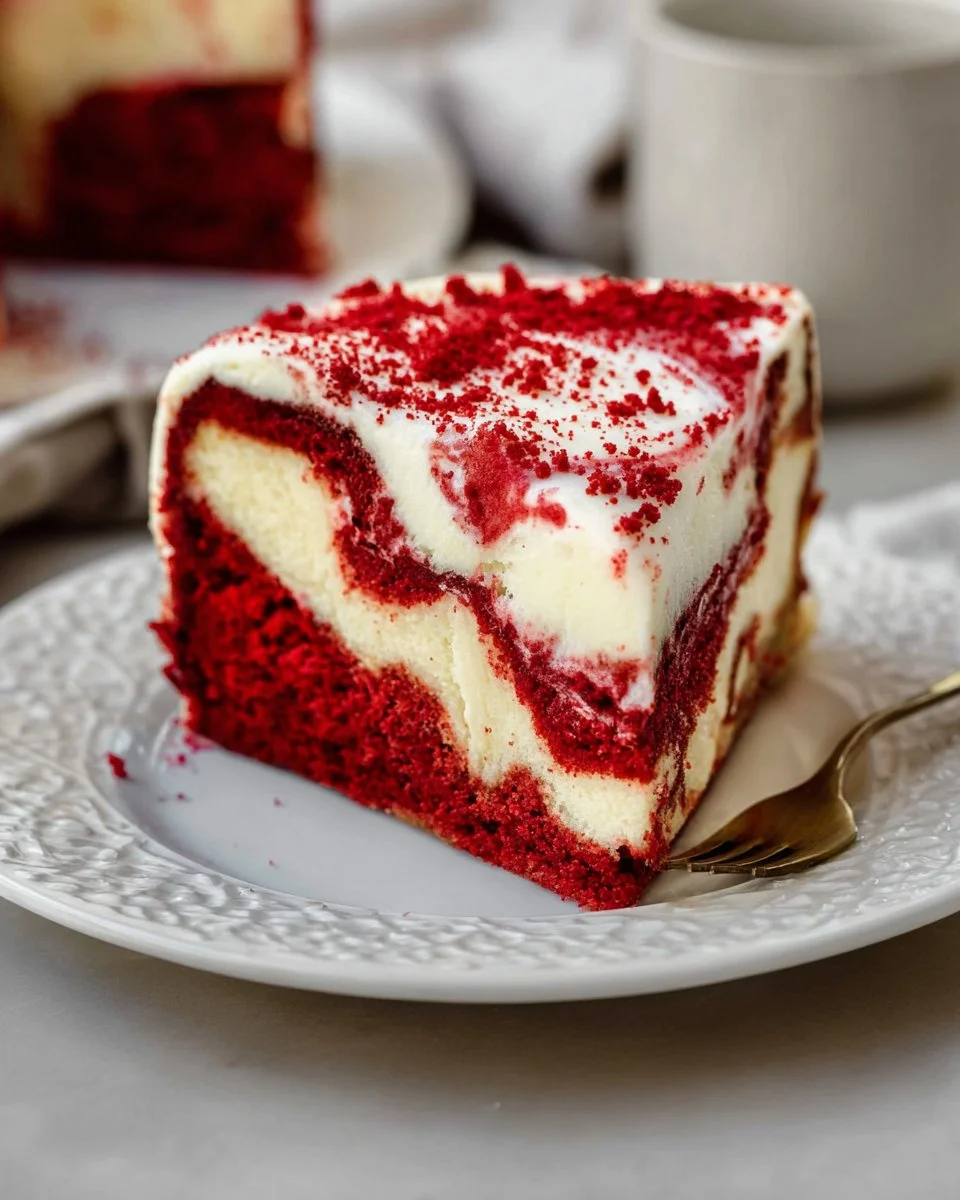Delicious Red Velvet Cheesecake topped with cream cheese frosting
