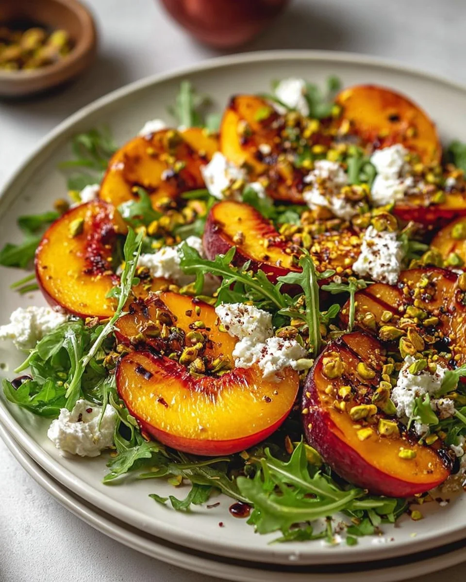 Roasted Peach and Pistachio Salad drizzled with Honey Ricotta