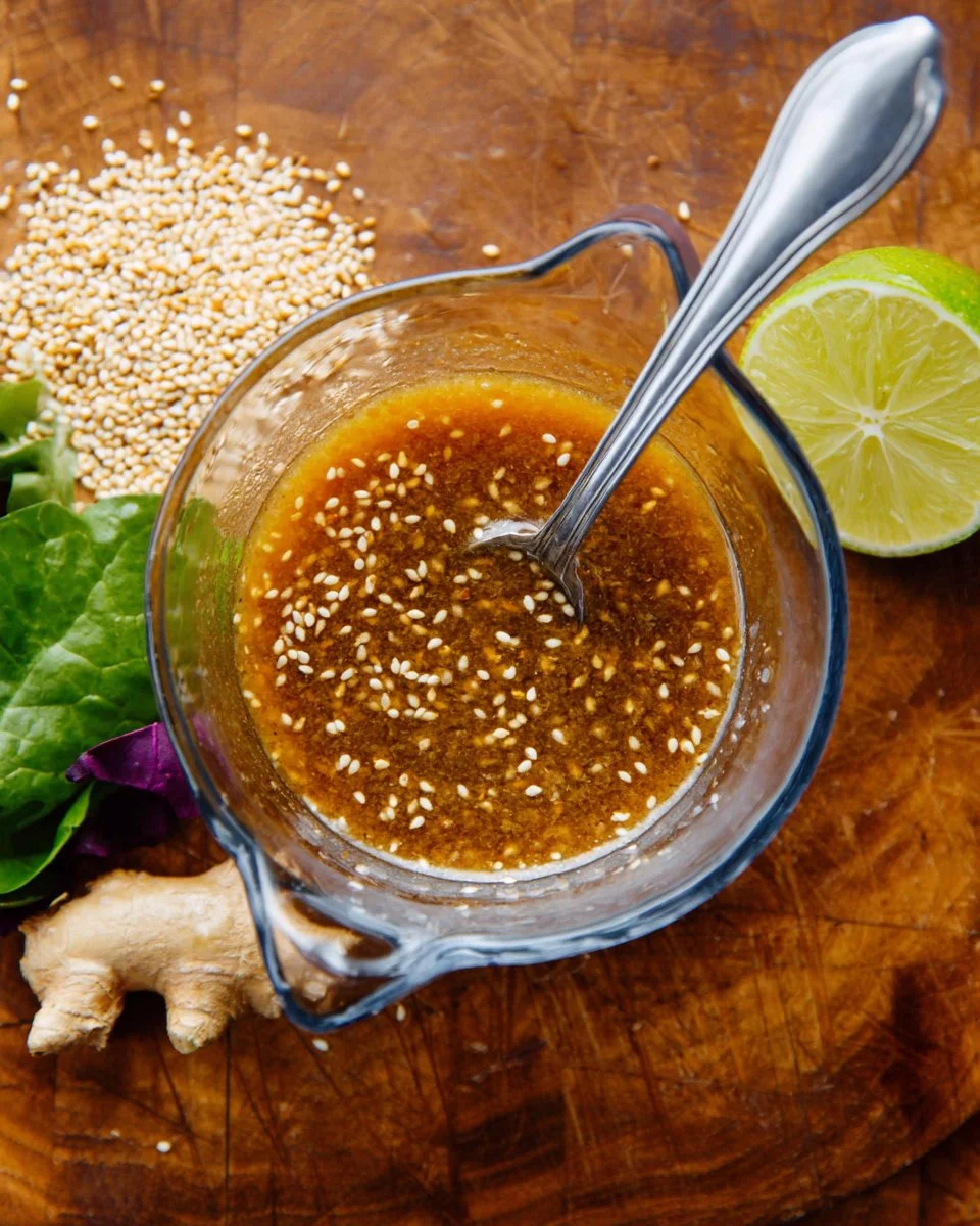 Delicious sesame dressing drizzled over a fresh salad