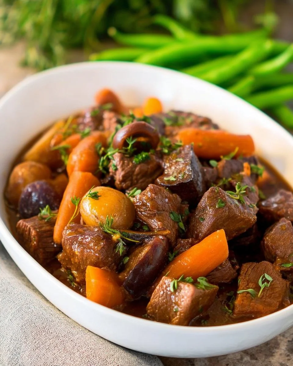Delicious slow cooker beef bourguignon served in a rustic bowl