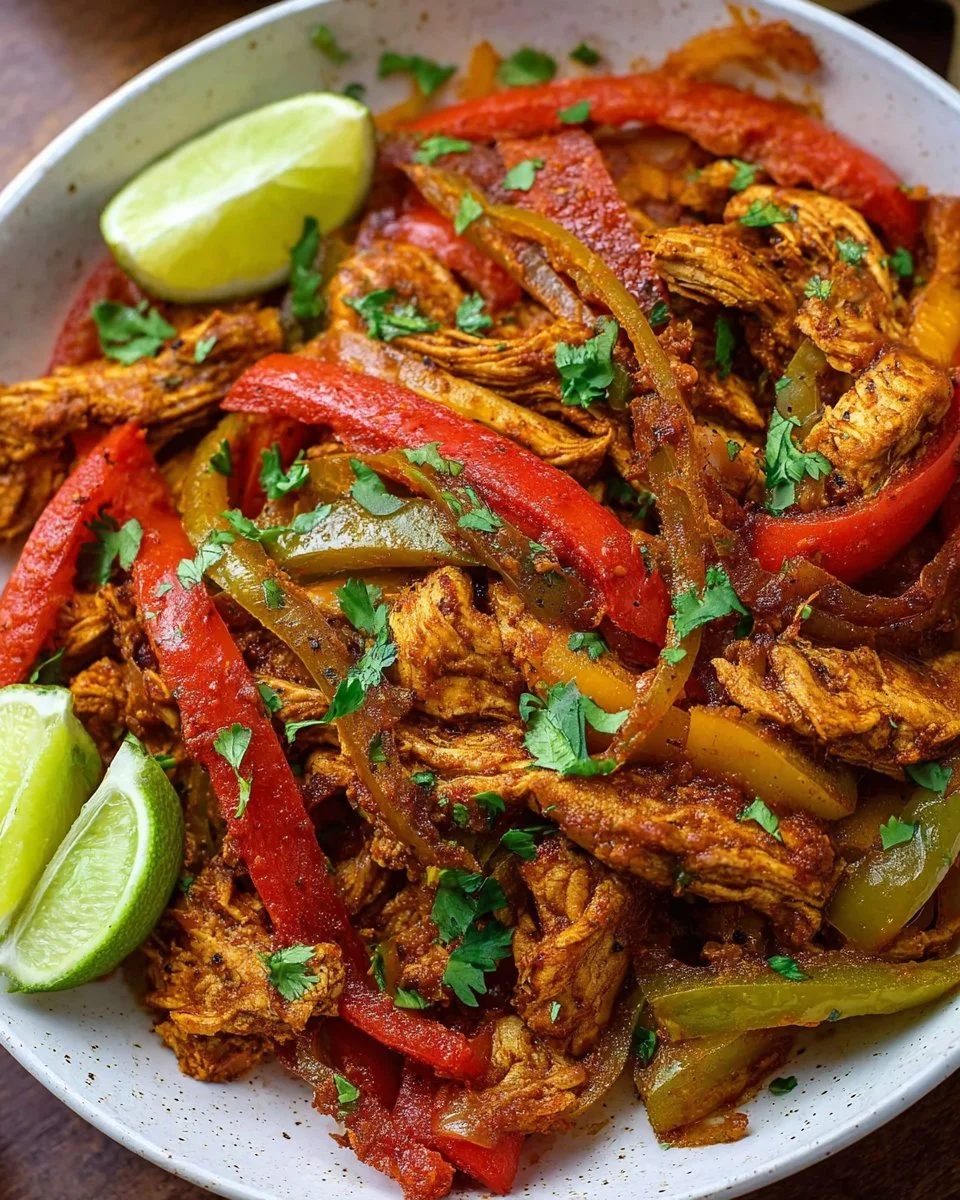 Delicious slow cooker chicken fajitas plated with peppers and onions