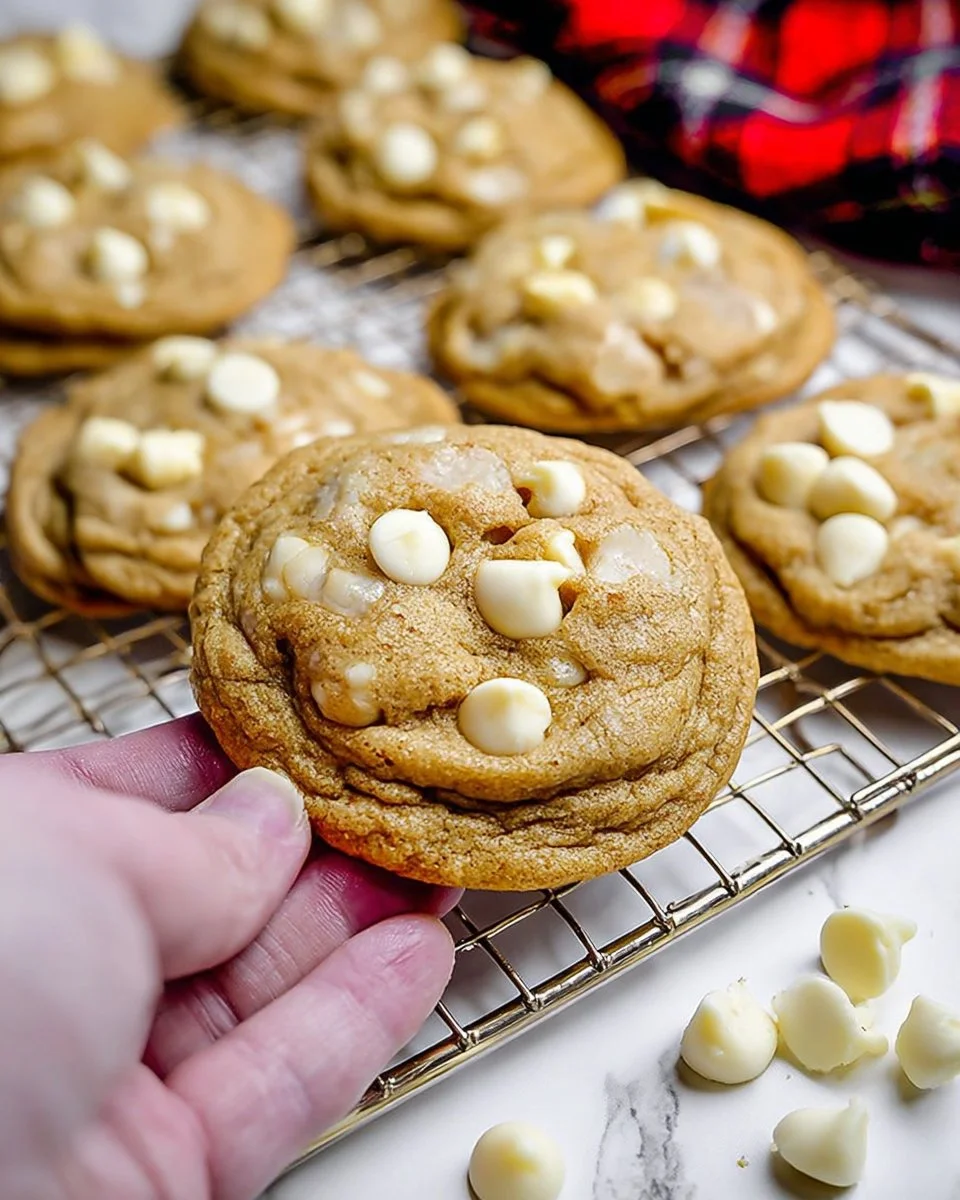 Soft banana pudding cookies with white chocolate chips on a plate