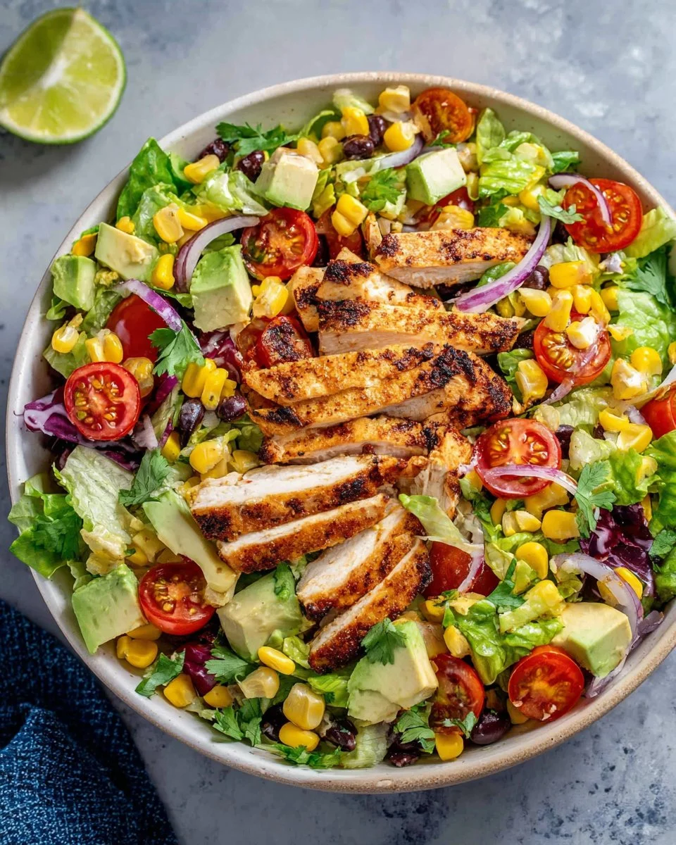 Colorful Southwest Chicken Salad with grilled chicken, black beans, and corn