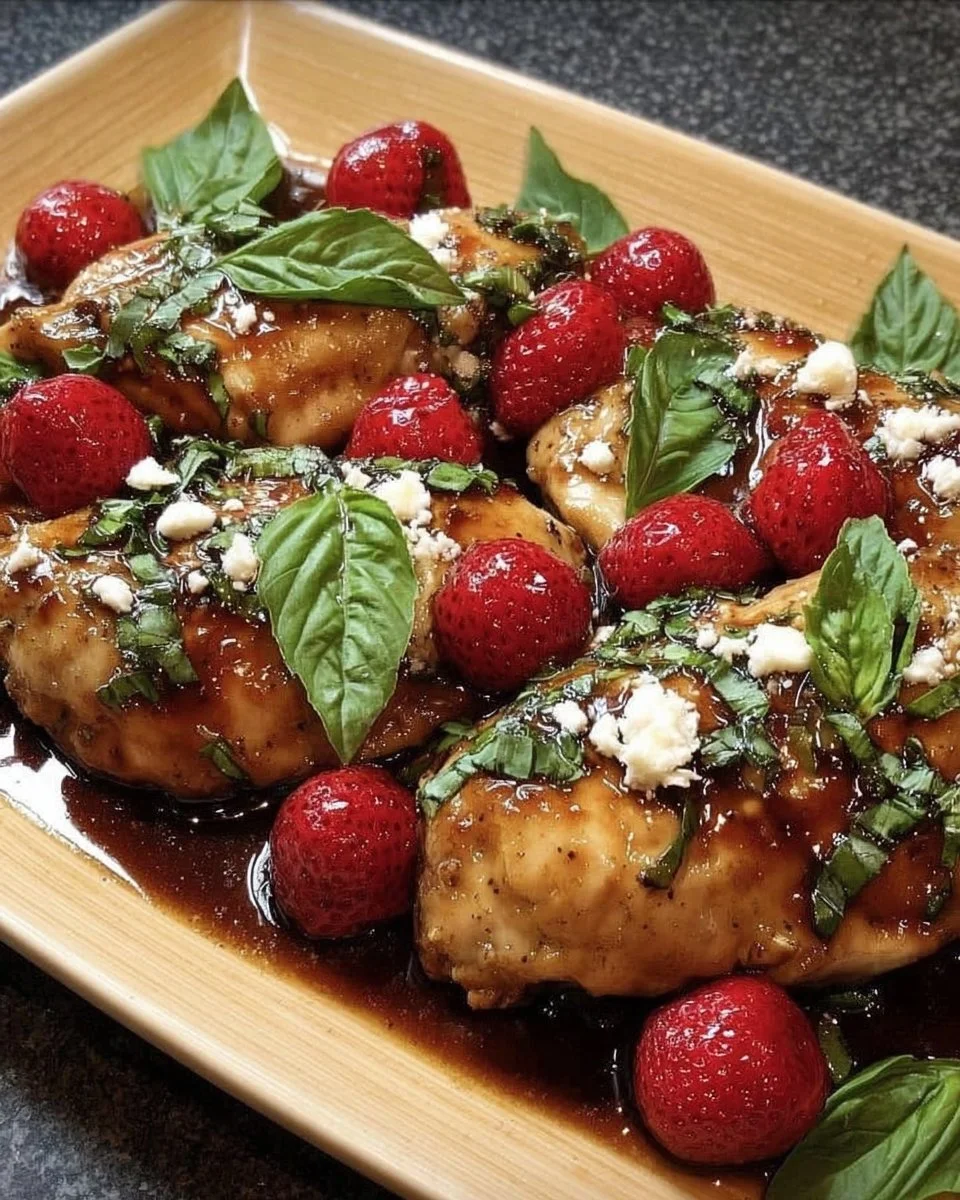 Delicious Strawberry Basil Chicken garnished with fresh basil and strawberries