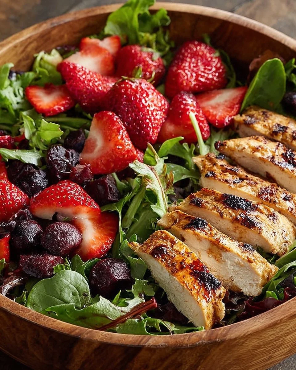 Strawberry Chicken Salad with fresh strawberries, grilled chicken, and mixed greens