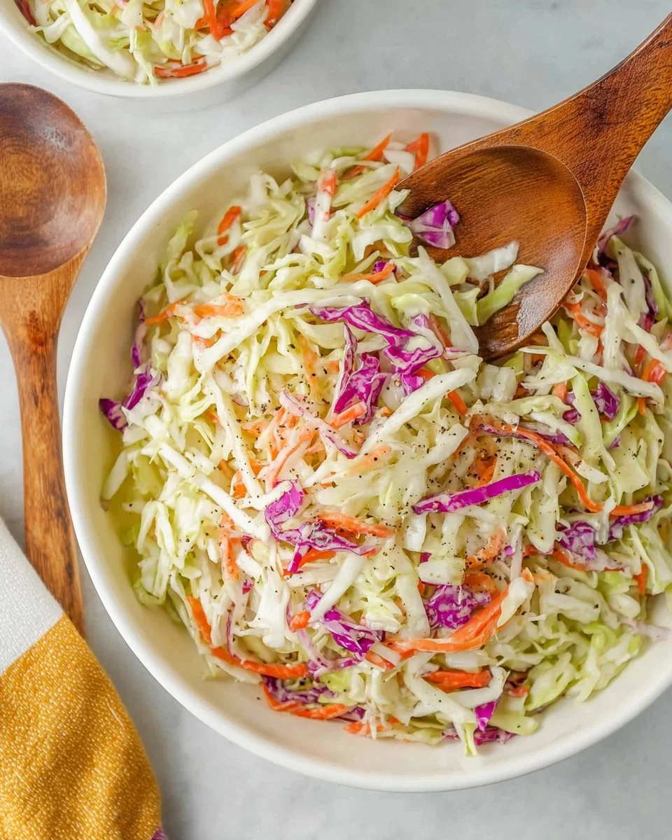 Bowl of sweet coleslaw with colorful cabbage and carrots on a wooden table