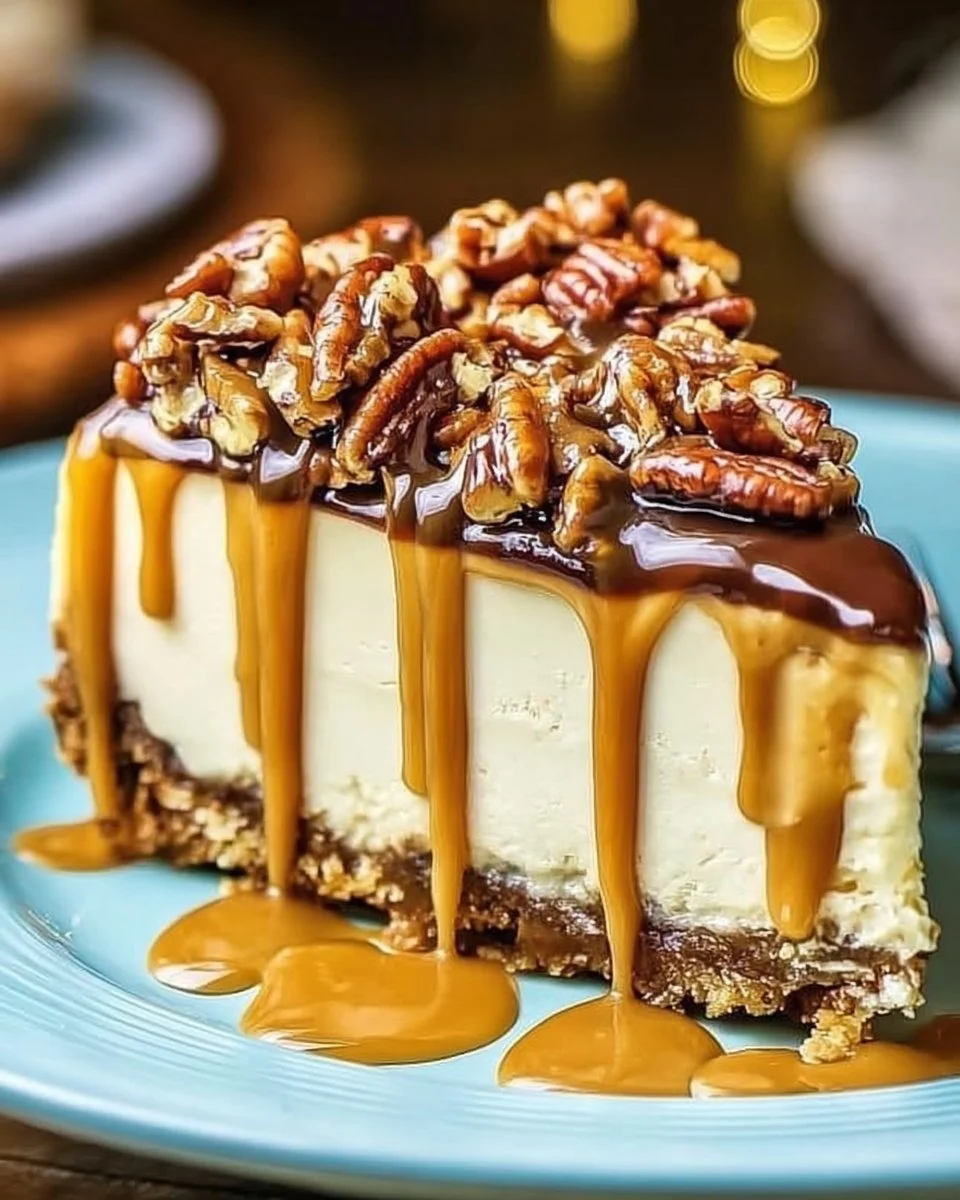 Delicious Turtle Cheesecake topped with chocolate and caramel drizzle.