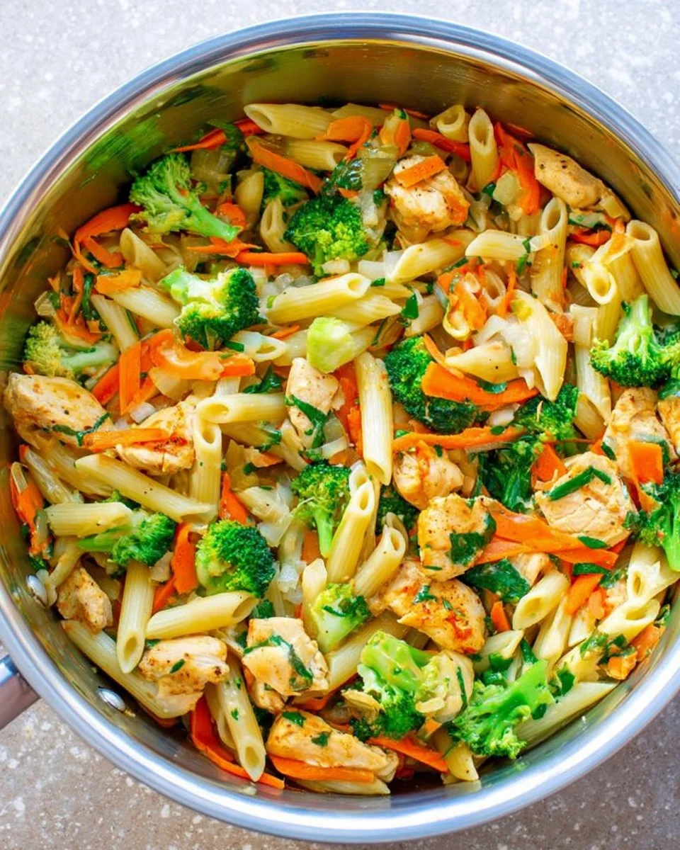 15-minute cheesy chicken pasta with colorful vegetables