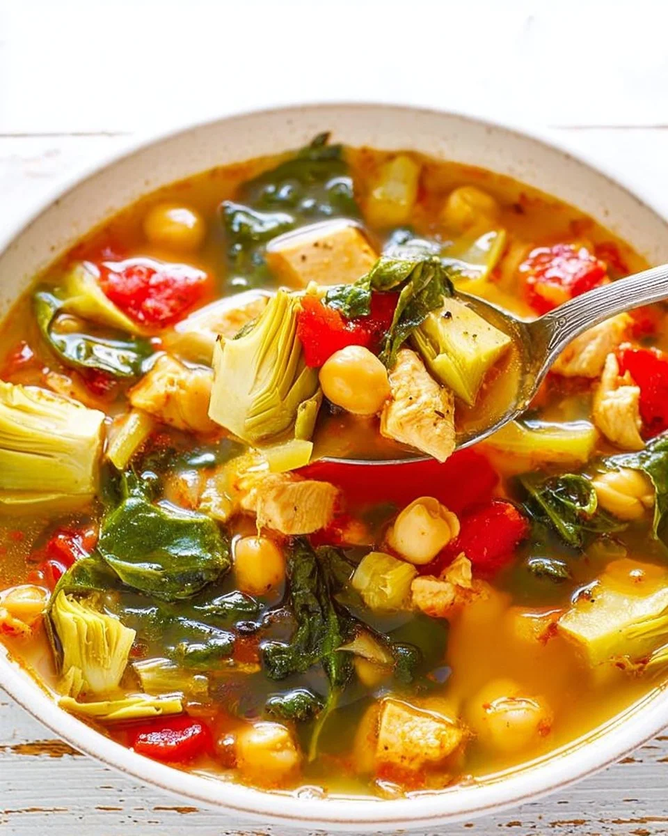 Bowl of 30-Minute Mediterranean Chicken Soup with fresh herbs and vegetables