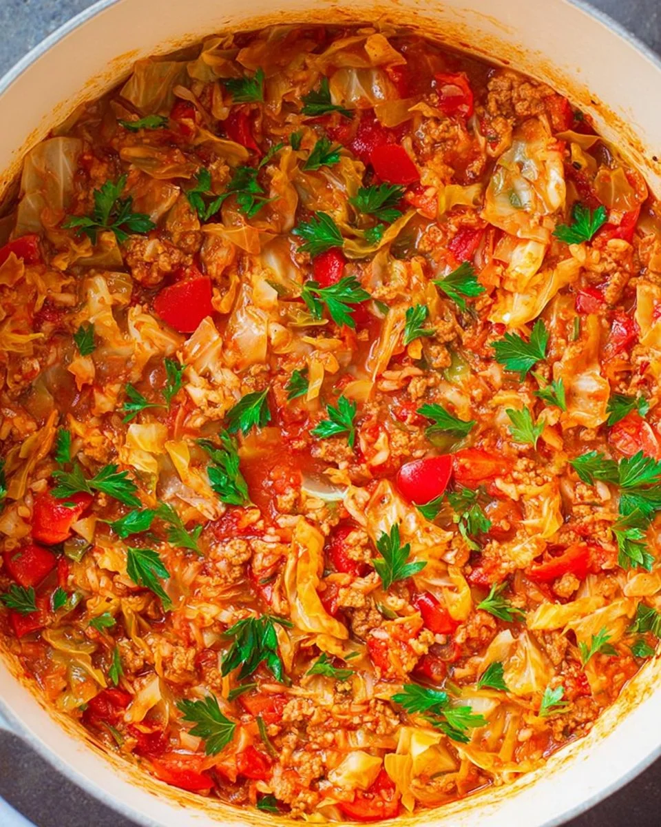 Delicious one-pot cabbage rolls served with a tasty sauce.