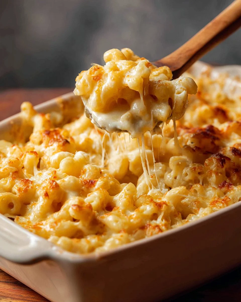Delicious 4 cheese mac and cheese served in a creamy dish.