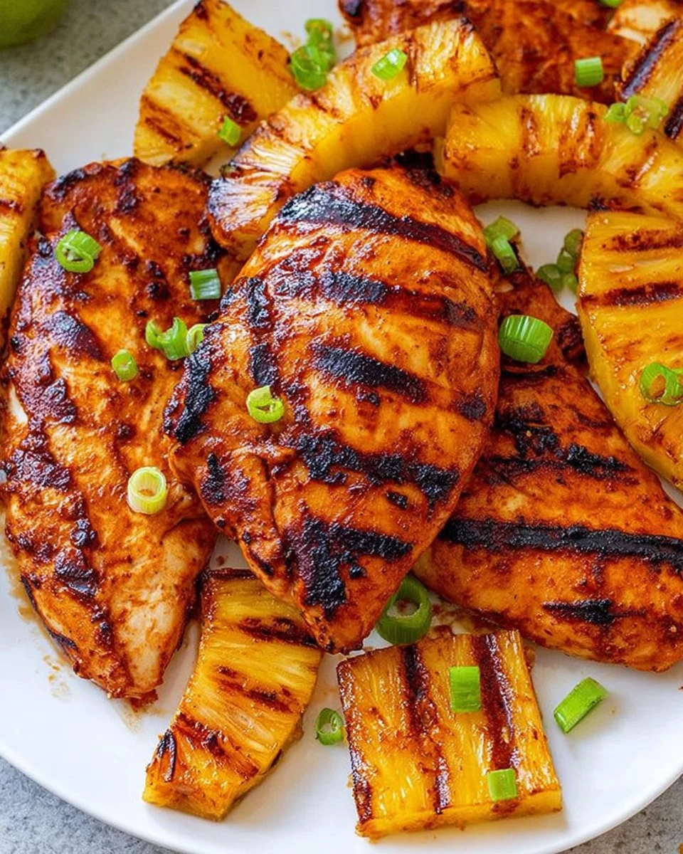 Aloha Grilled Pineapple Chicken dish garnished with fresh herbs and grilled pineapple slices.