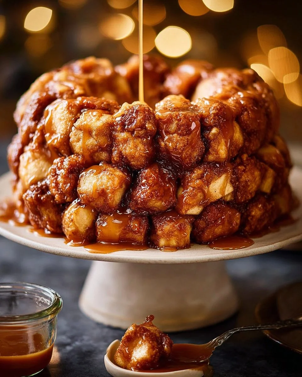 Delicious Apple Monkey Bread served warm with caramel drizzle
