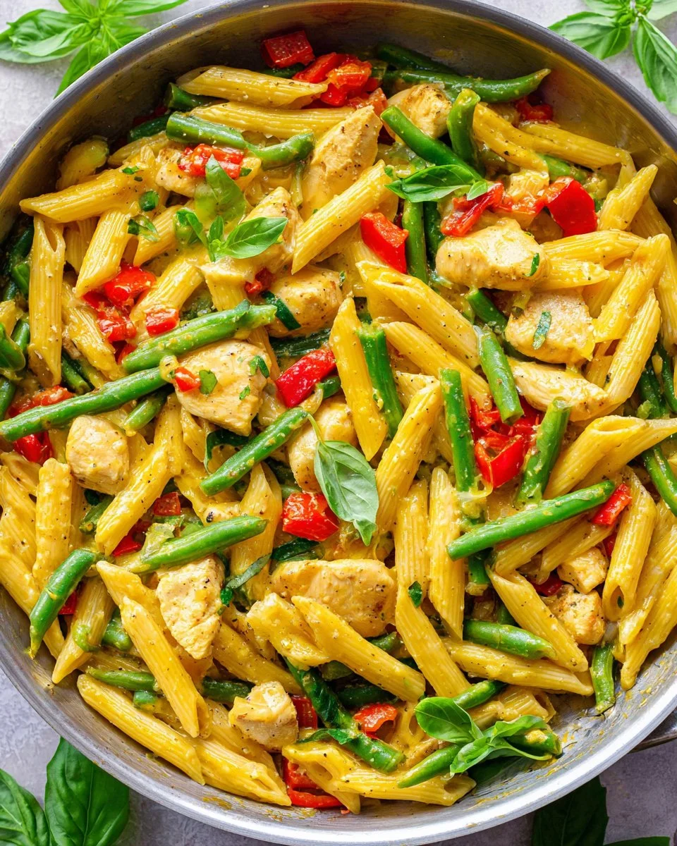 Creamy Asiago Chicken Pasta with chicken, pasta, and a rich sauce.