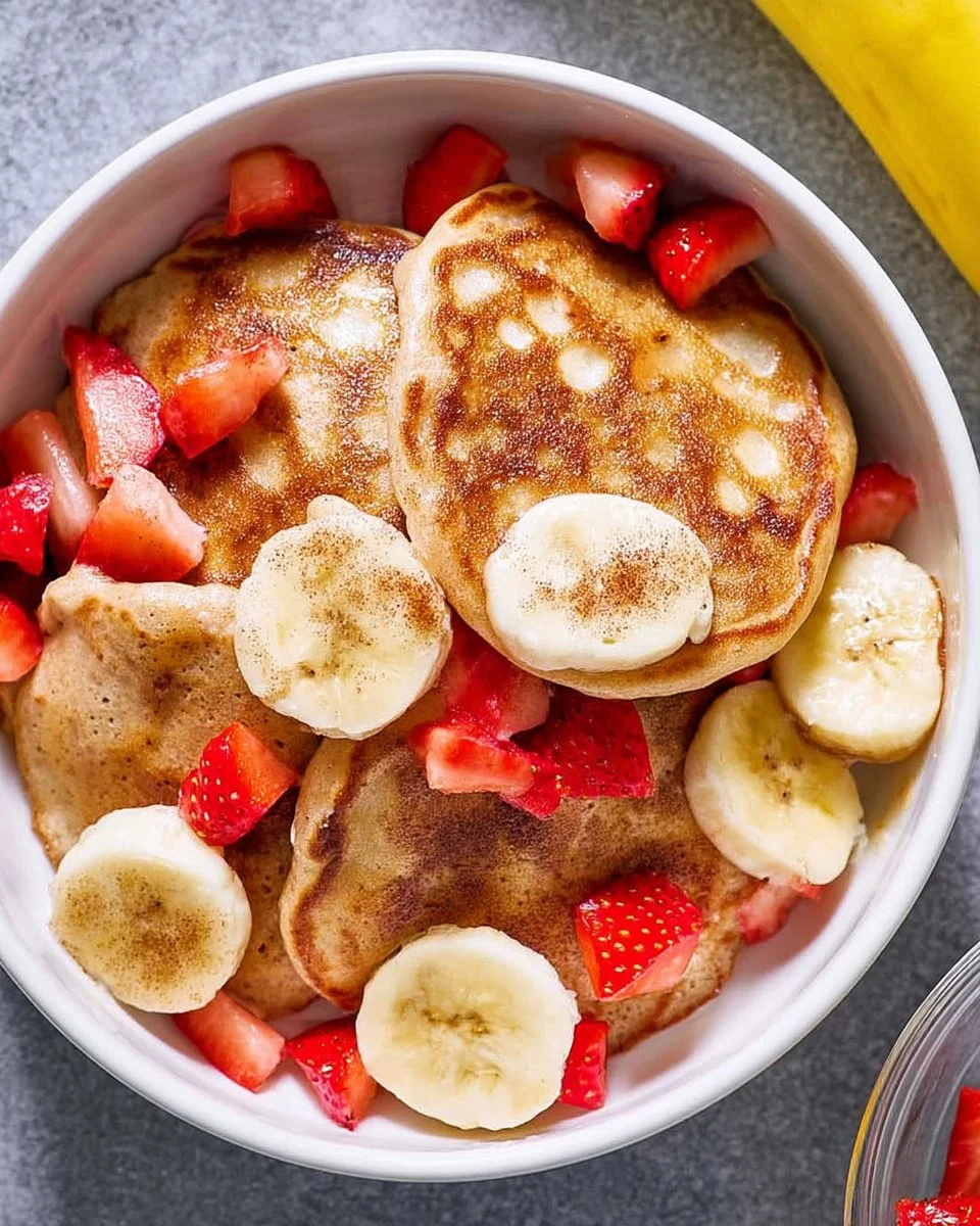 Banana Cottage Cheese Pancakes stacked on a plate with syrup and berries.
