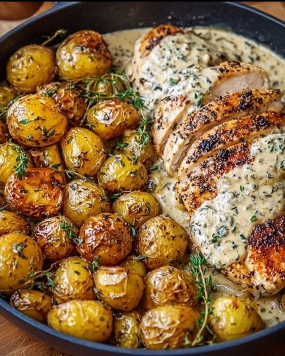 Creamy garlic chicken dish with roasted baby potatoes on a plate