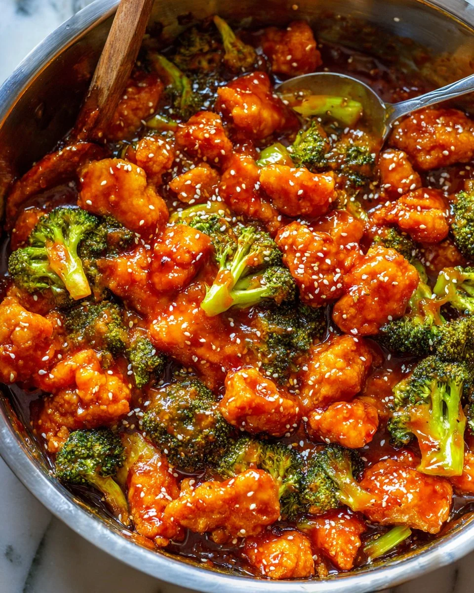 Plate of better-than-takeout sticky chicken and broccoli