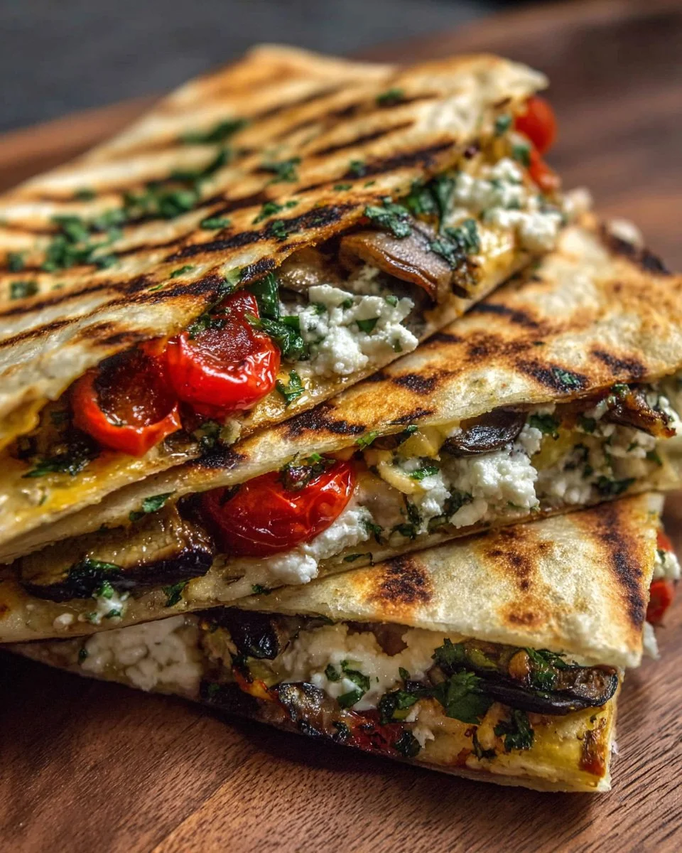 Cheesy grilled Mediterranean veggie quesadillas loaded with fresh vegetables and cheese.