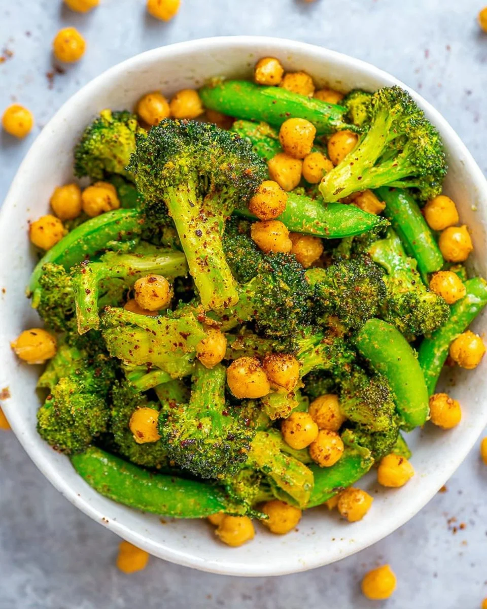 Cheesy roasted broccoli and chickpeas served in a bowl, garnished with herbs.