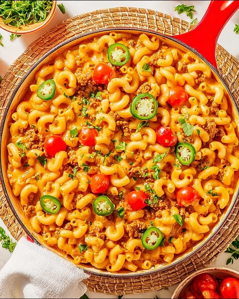 A bowl of cheesy taco pasta topped with cheese and herbs
